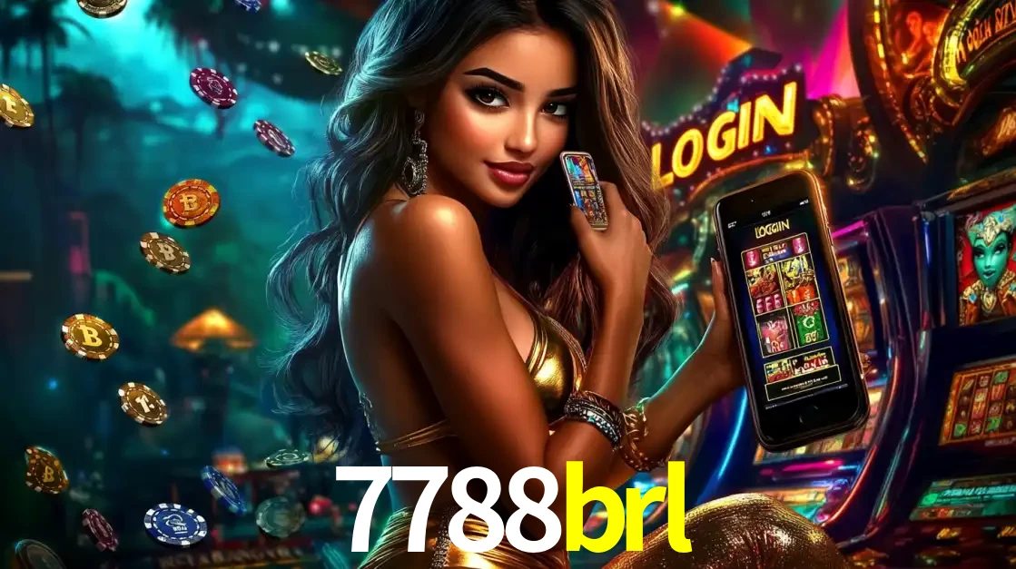 Mulher em um cenário de cassino temático de aventura, mostrando o app de caça-níqueis da 7788brl no celular. Fichas de apostas flutuam ao redor.